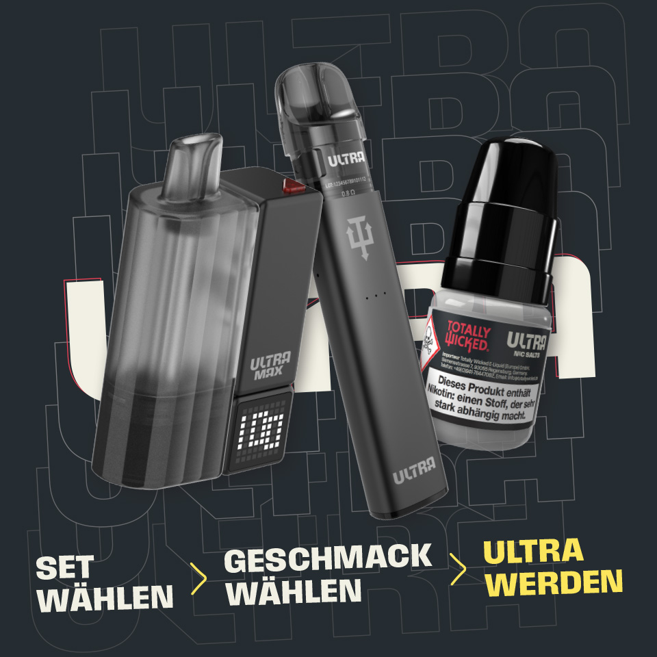 Totally Wicked Ultra: Pod, Vape-Stift und Nic-Salt-Liquid – Ablauf: Set wählen, Geschmack wählen, Ultra werden.