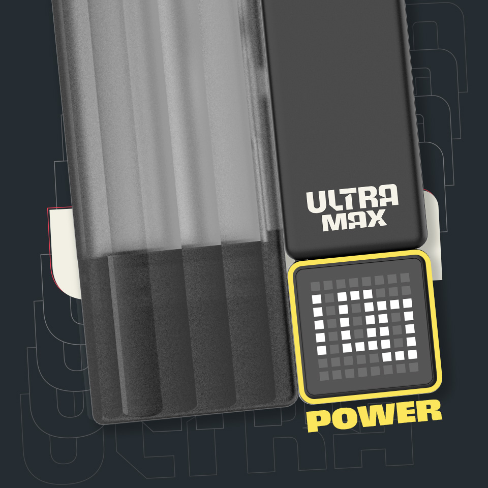 Totally Wicked Ultra Max Pod, Nahaufnahme der LED-Akkustandsanzeige.