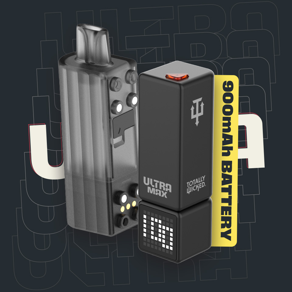 Totally Wicked Ultra Max Pod in Einzelteilen: Pod-Kartusche, Gerätekörper mit 900-mAh-Akku.