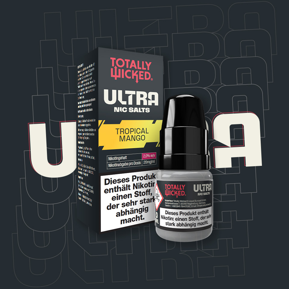Totally Wicked Ultra Nic Salts, Tropical Mango, Verpackung und Flasche, 2,0 % w/v Nikotinsalz.