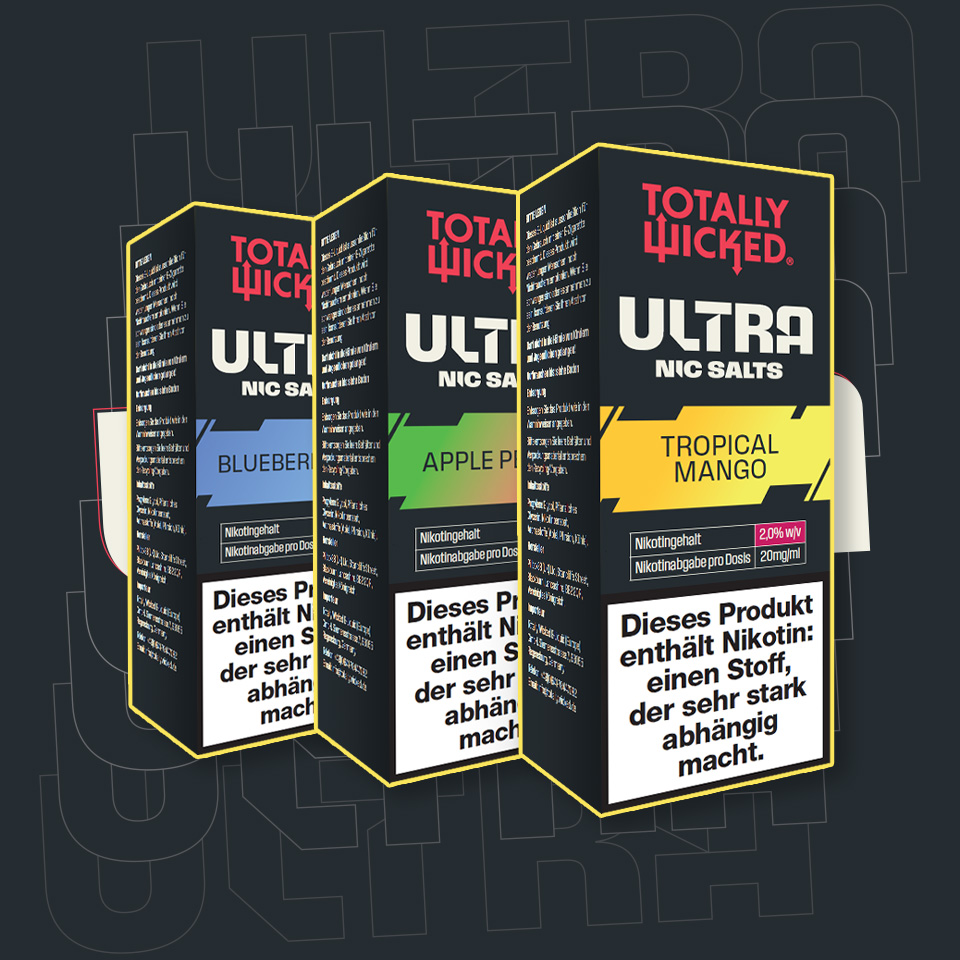 Totally Wicked Ultra Nic Salts Verpackungen: Blueberry, Apple Peach und Tropical Mango.