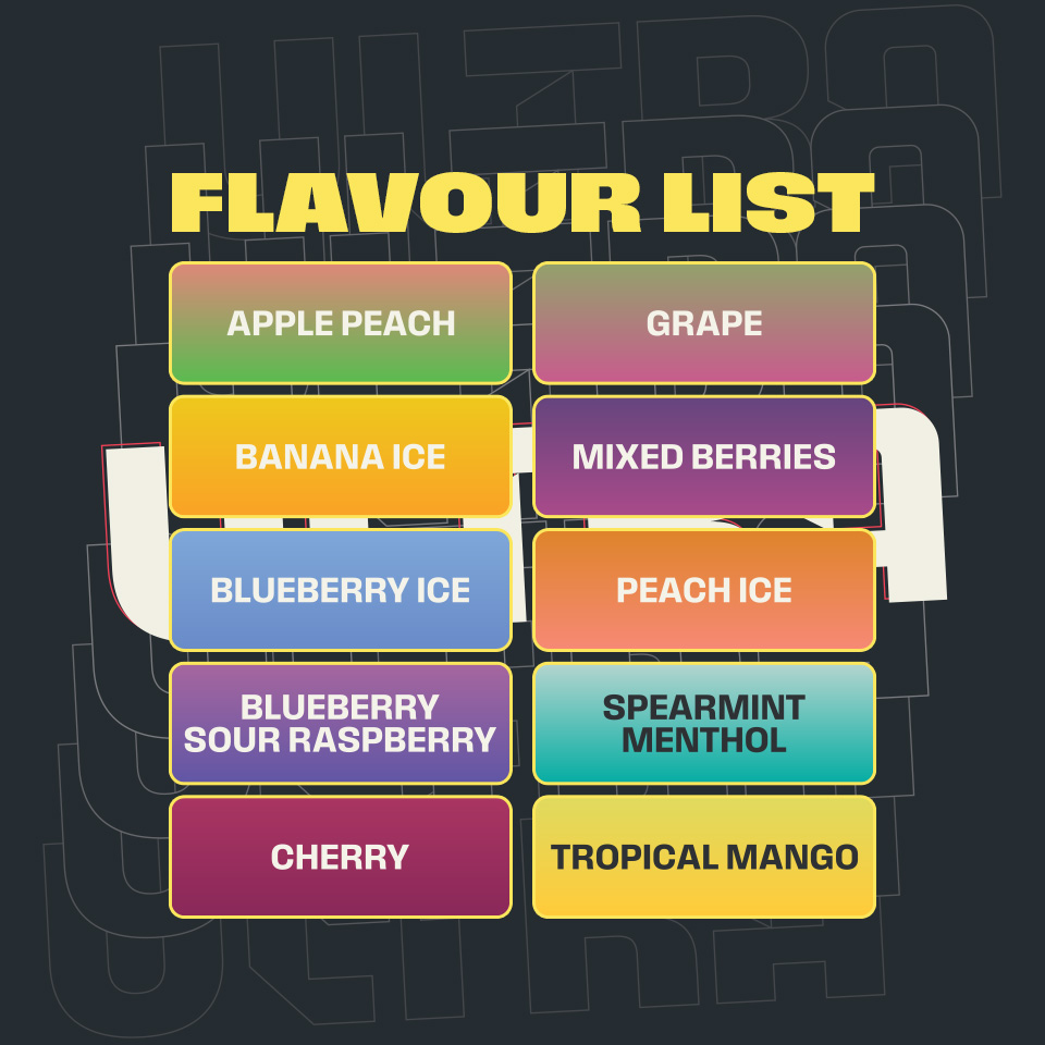 Ultra Nic Salts Geschmacksrichtungen: Apple Peach, Grape, Banana Ice, Mixed Berries, Blueberry Ice, Peach Ice, Blueberry Sour Raspberry, Spearmint Menthol, Cherry, Tropical Mango.