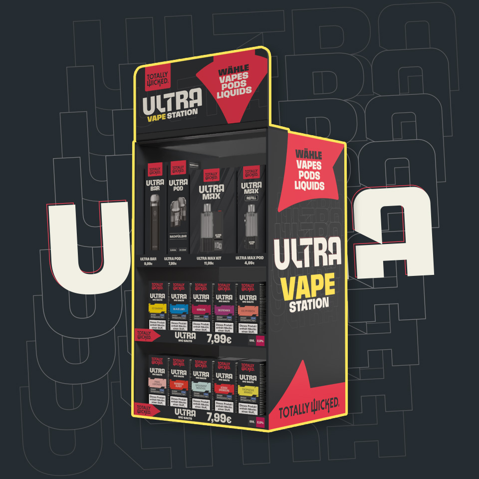 Totally Wicked Ultra Vape Station: Verkaufsdisplay mit Vapes, Pods und Liquids in mehreren Sorten.